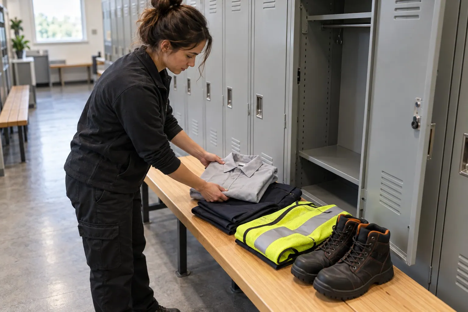 An operations coordinator assembles a folded workwear kit in a staff locker area.