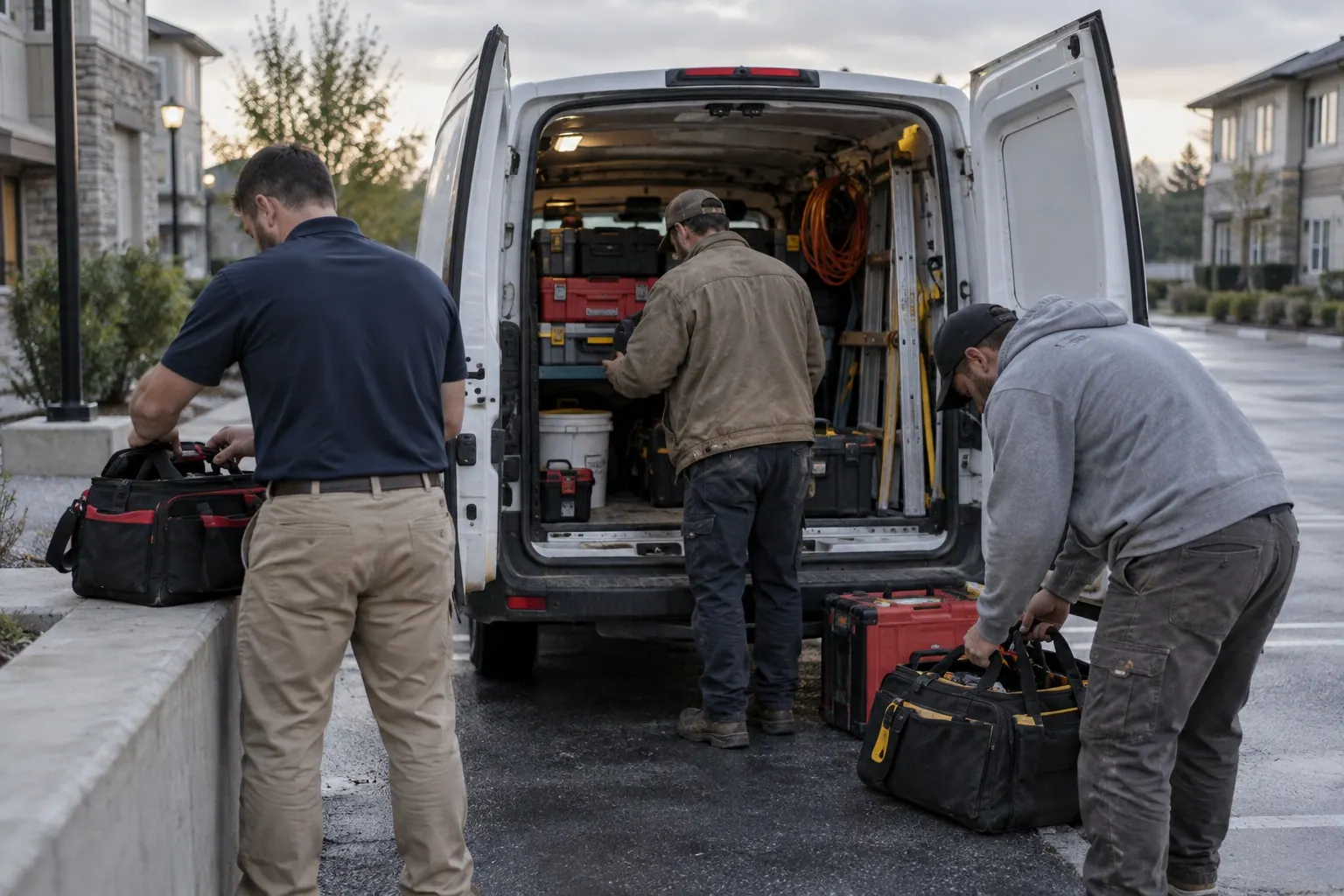 Three field-service technicians prepare equipment outside a commercial property, wearing different plain work clothes.