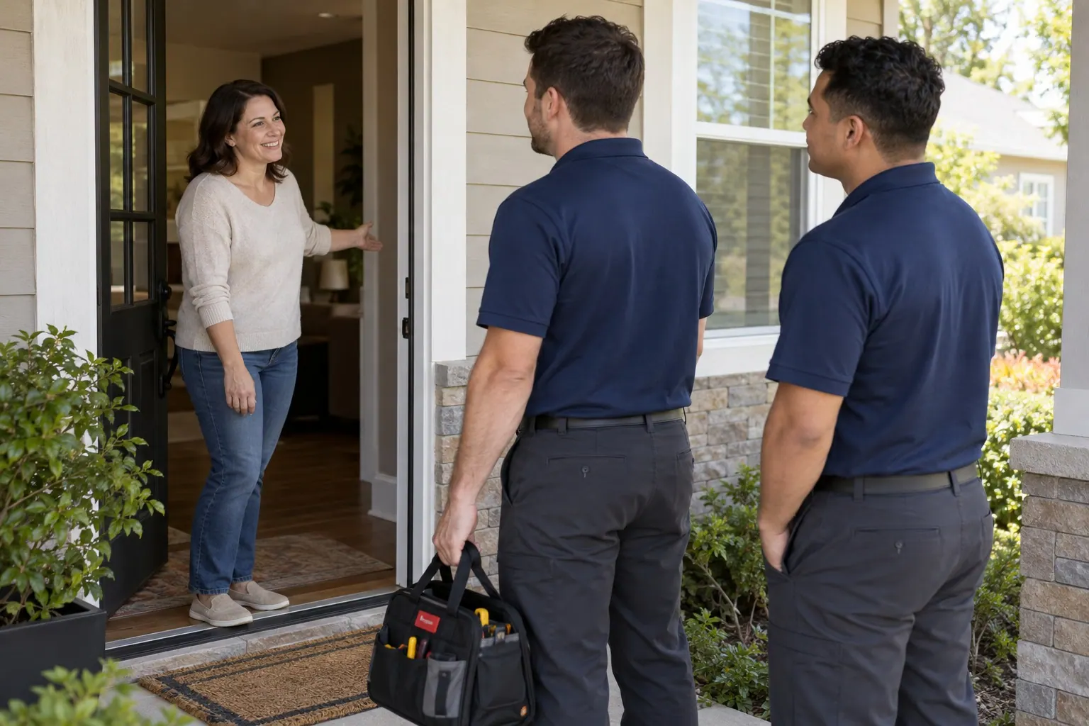 Two field technicians in matching plain work polos greet a homeowner before a service visit.