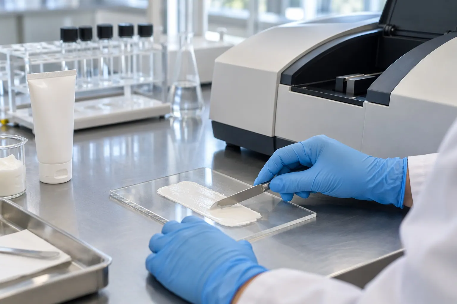 A cosmetics scientist spreads a plain sunscreen sample on a test plate beside laboratory equipment.