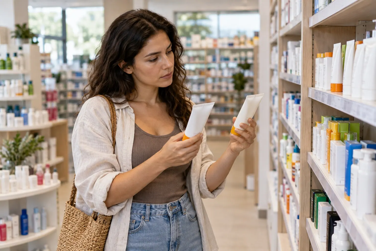 A shopper compares two plain sunscreen products on a pharmacy shelf before choosing one.