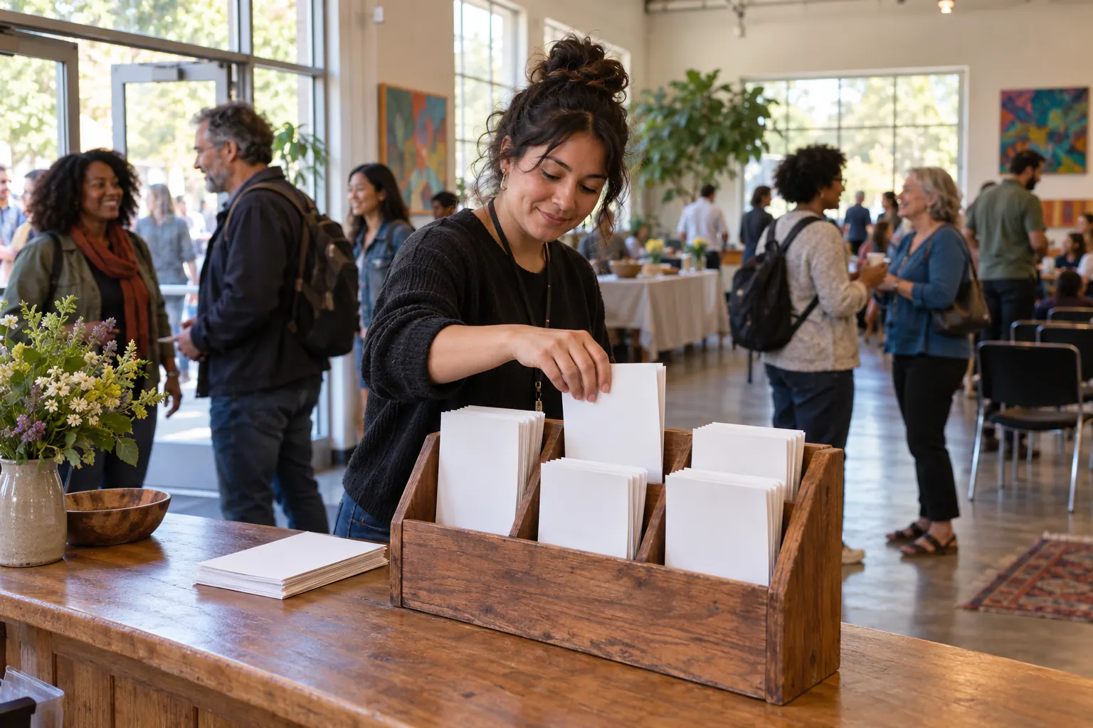 A community coordinator arranges unmarked program guides at a welcome table while attendees gather in a neighborhood center.