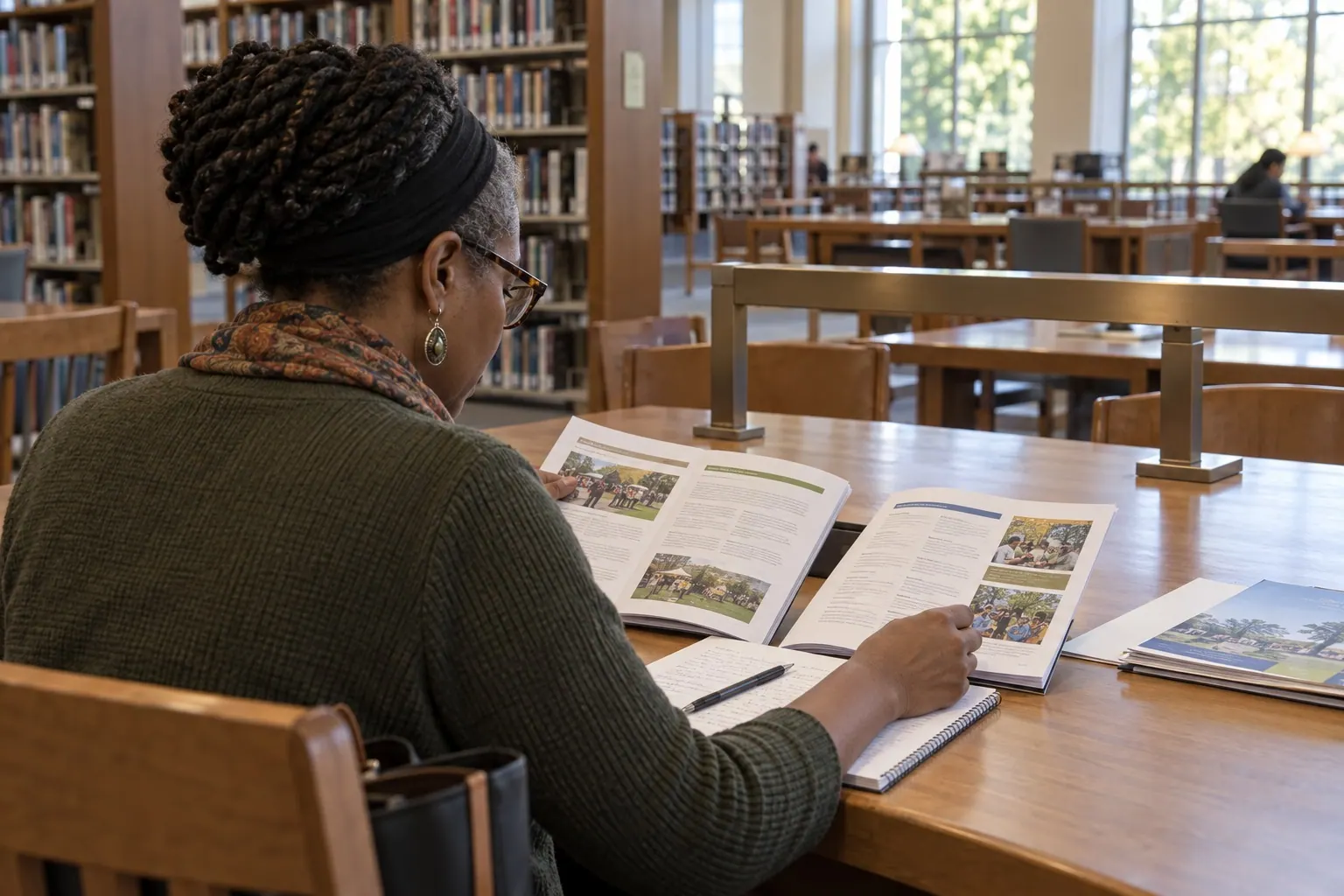 A visitor reads a printed community guide at a table in a public library.