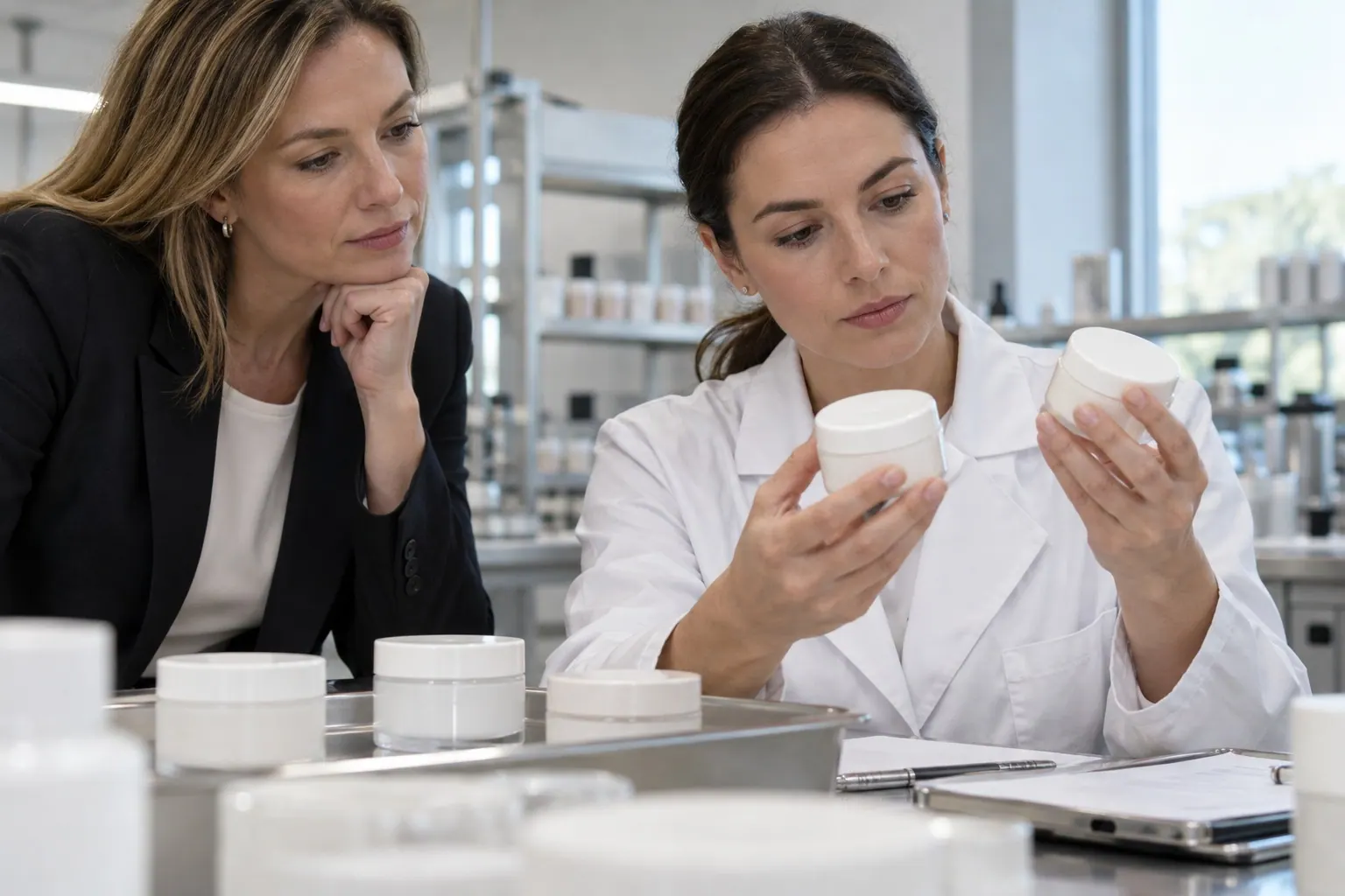 A cosmetics founder and supplier quality manager compare a plain product jar with a sample and supporting records.