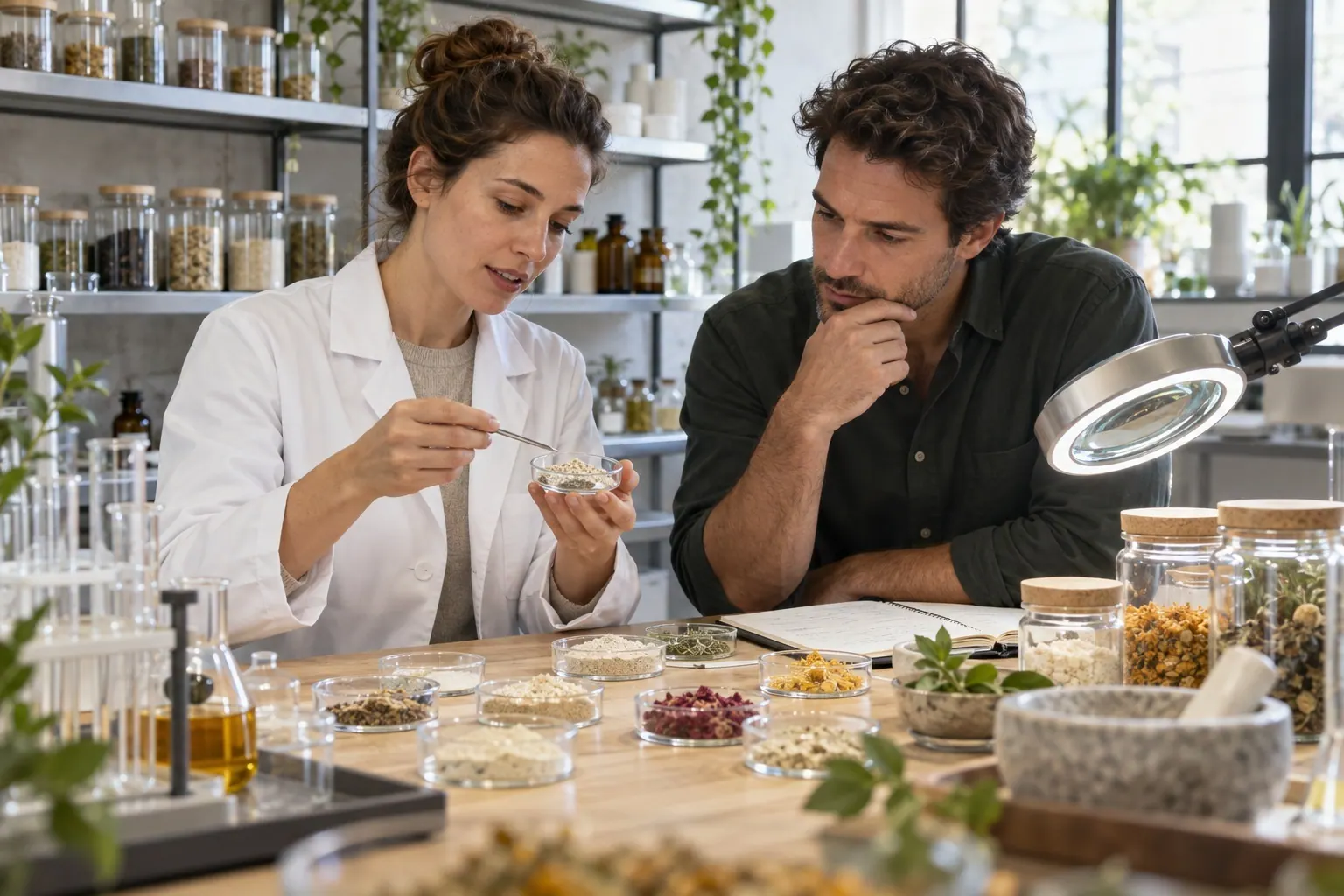 A founder and formulator compare cosmetic ingredient samples and product specifications at a workbench.