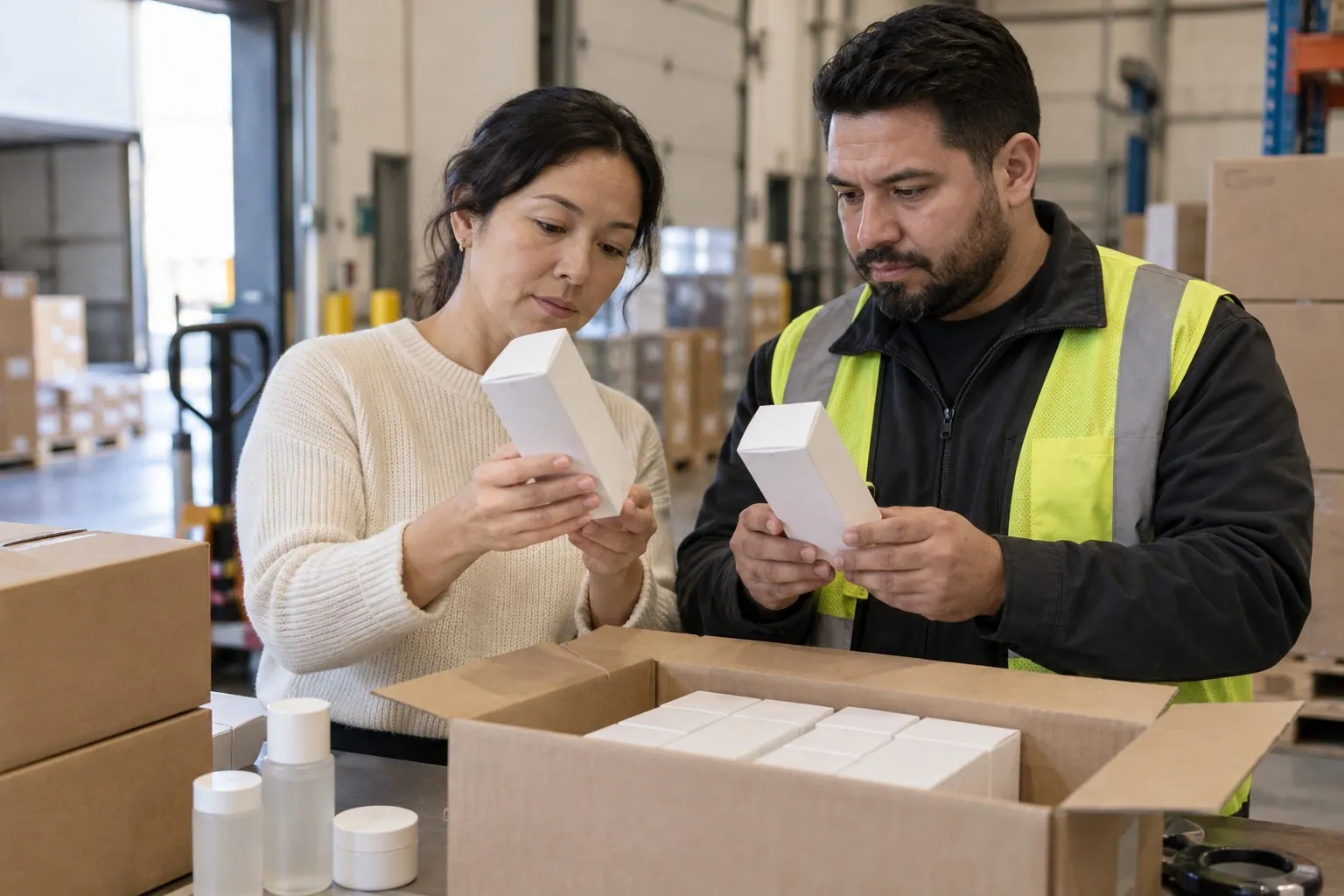 A founder and receiving specialist compare a delivered cosmetics carton with the approved sample and product records.