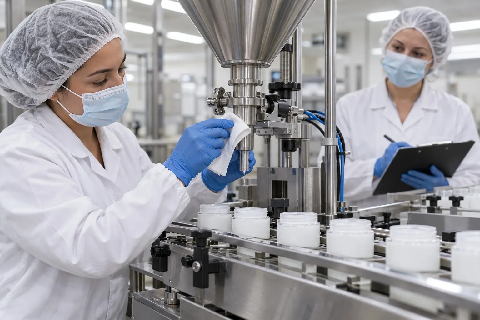 A quality supervisor checks a cosmetics filling line and sanitation controls on the production floor.