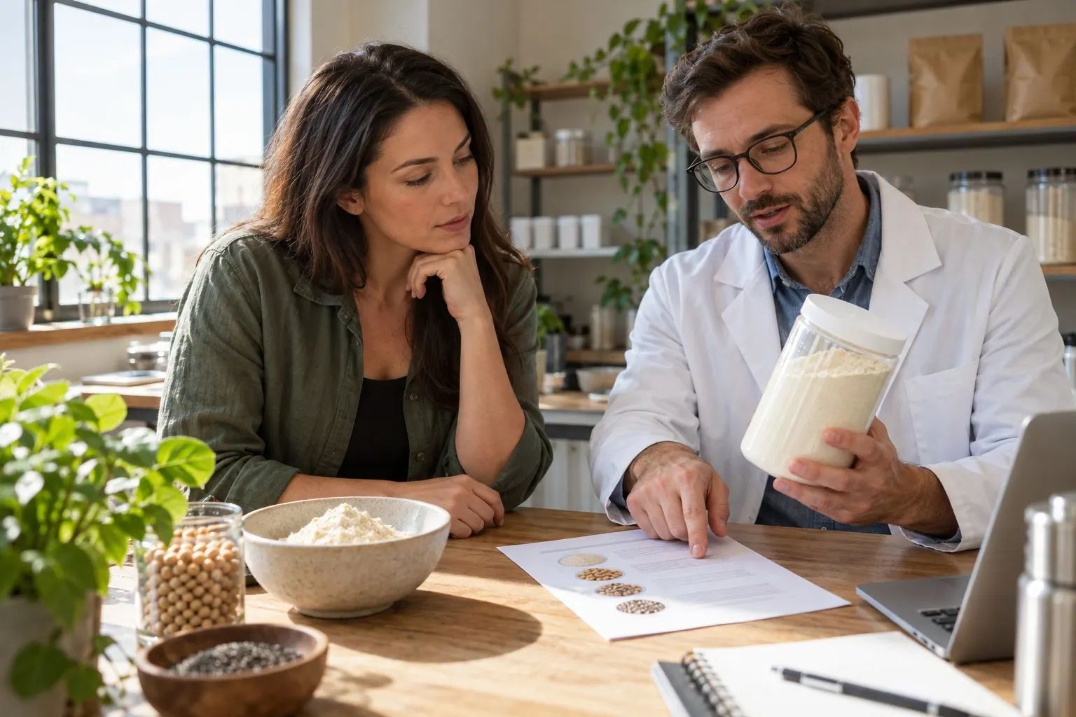 A wellness founder and nutrition science advisor examine a plain protein powder sample and its ingredients.