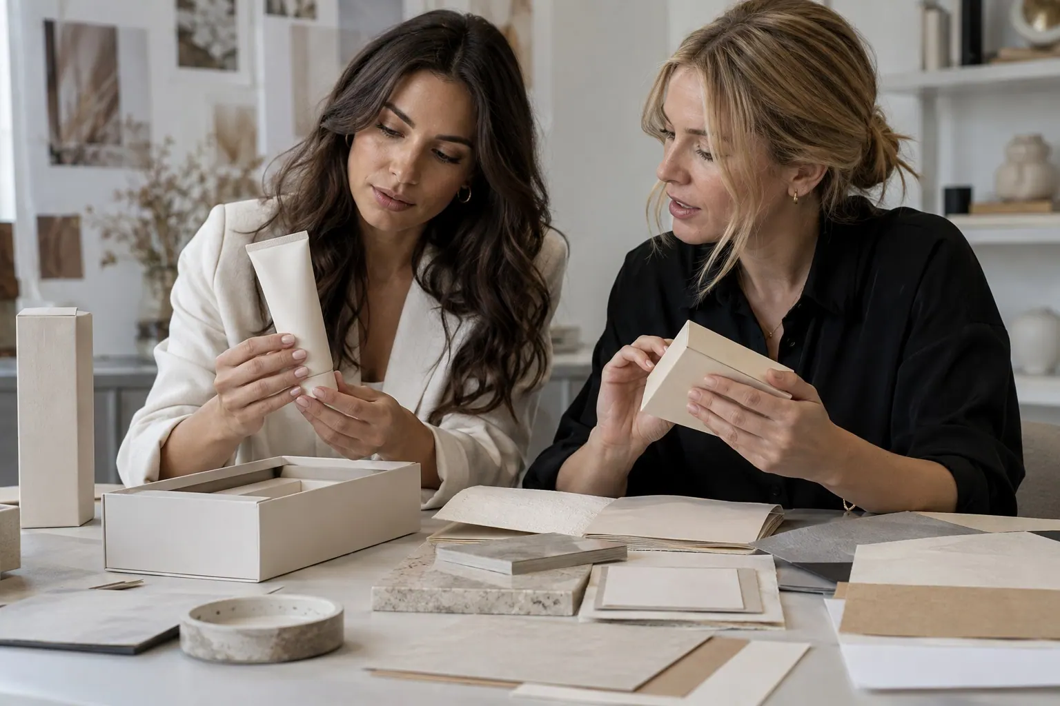 A beauty founder and packaging designer compare a cosmetic tube, carton, rigid box, and paper finishes at a worktable.