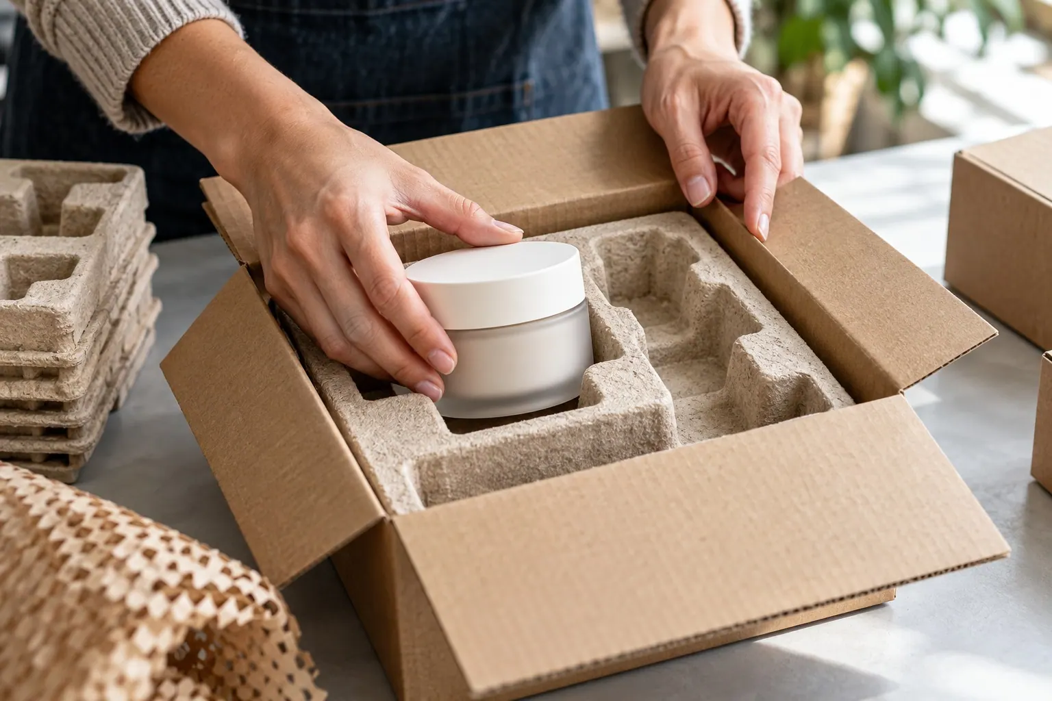 Hands place a plain cosmetic jar in a molded-pulp insert inside a shipping carton.