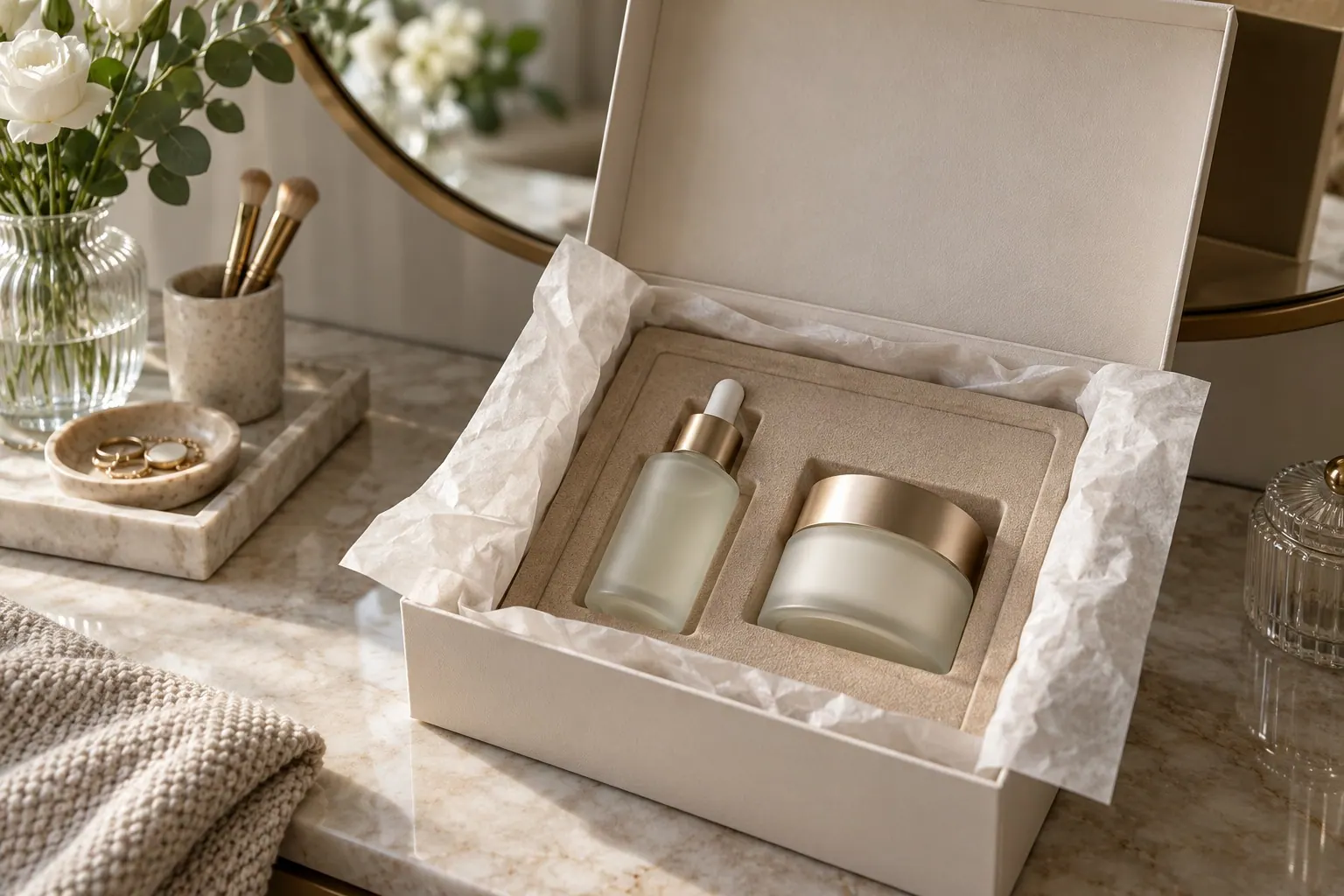An open neutral gift box holds an unbranded serum and cream on a dressing table beside tissue paper.