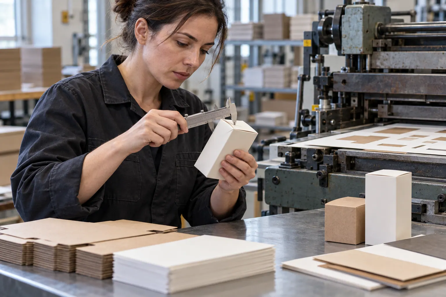 A packaging engineer checks the folded seam and printed surface of a cosmetic carton in a small print workshop.