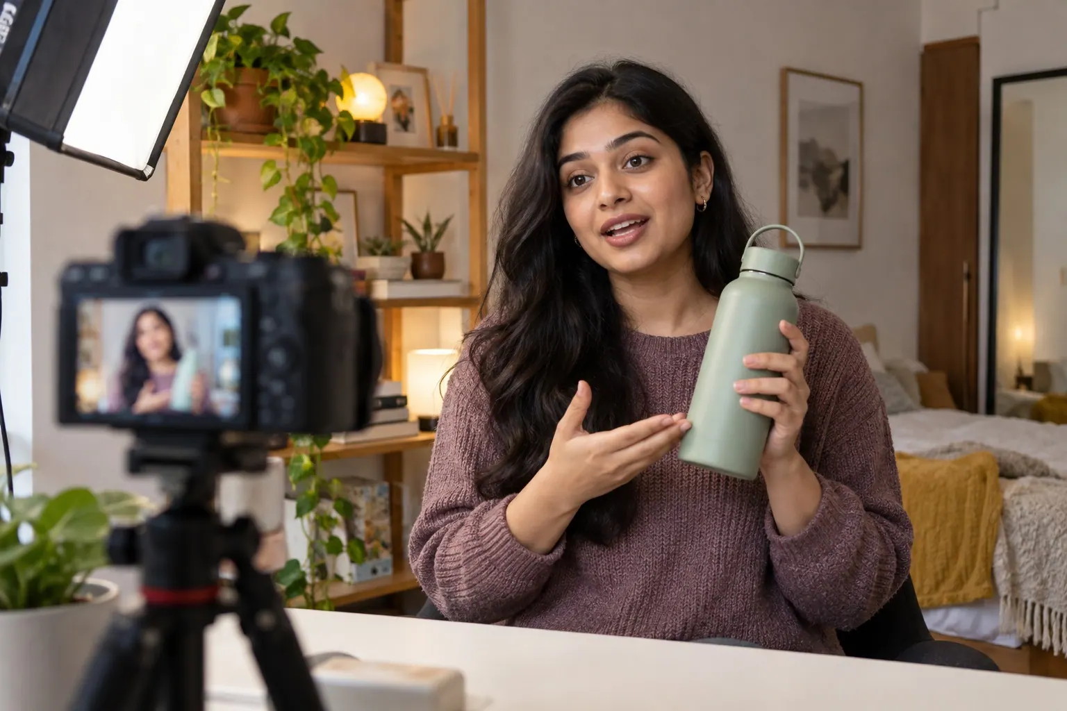 A creator films a product recommendation in a compact home studio, illustrating the production work that can carry a fixed campaign cost.
