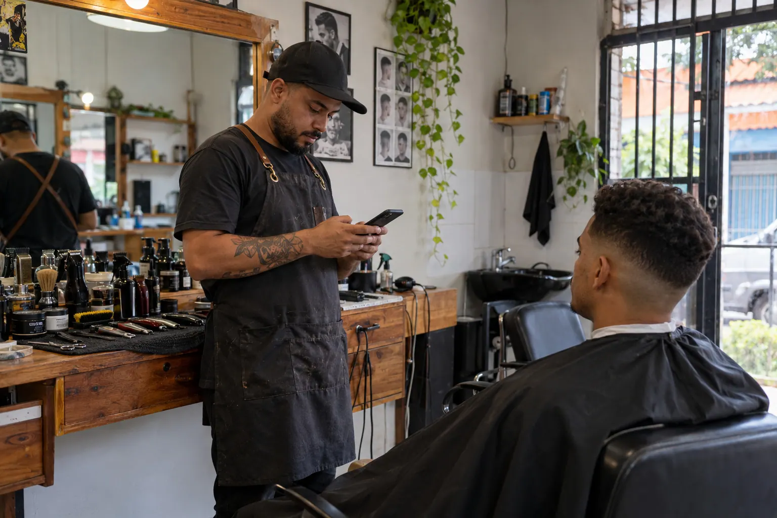 A barber checks an upcoming appointment on a phone while a client waits naturally in the chair at a neighborhood shop.