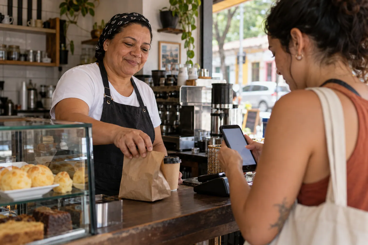 A Brazilian neighborhood café owner serves a customer completing a phone-based payment at the counter.