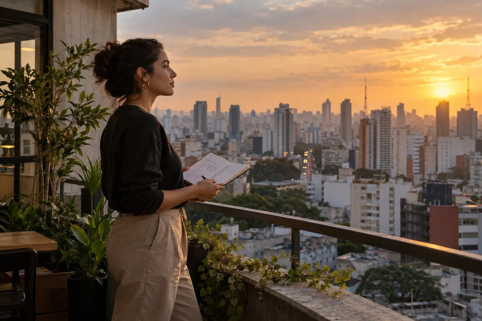 A solo software founder reviews notes on a quiet balcony above a Brazilian city at sunset.