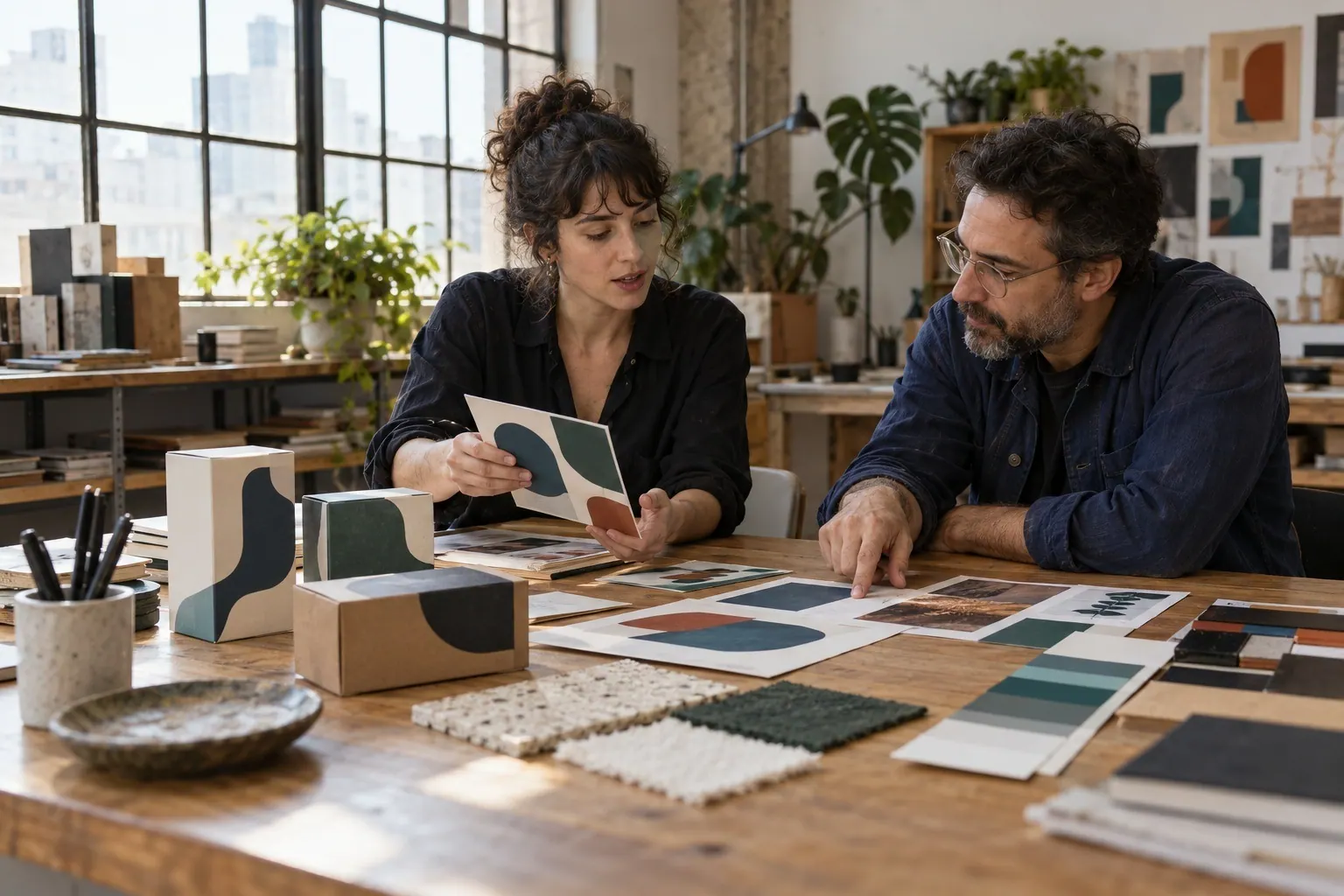 A designer and client review project samples together at a studio table.