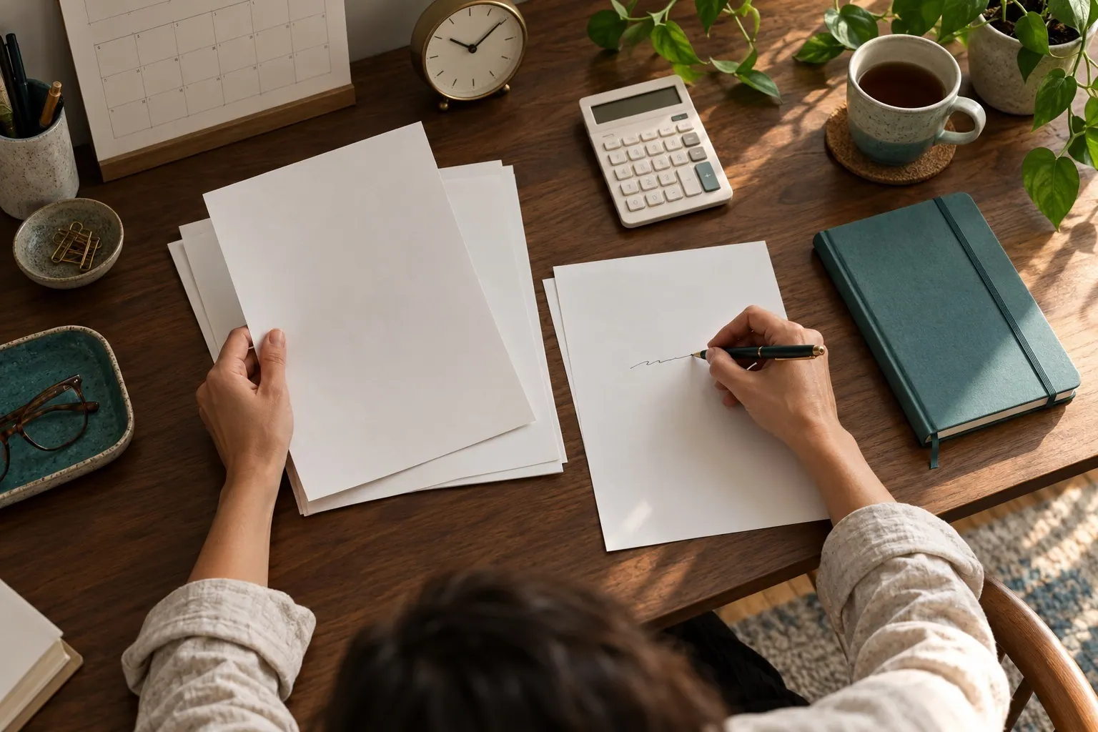 A person reviews paperwork beside a calculator, notebook, and coffee.