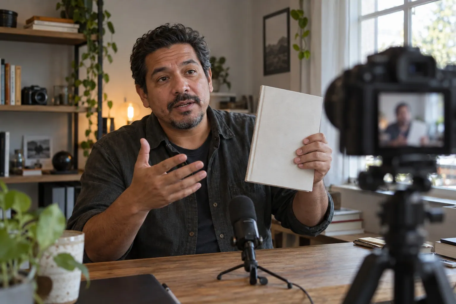 An independent creator records a thoughtful product review in a compact home studio.