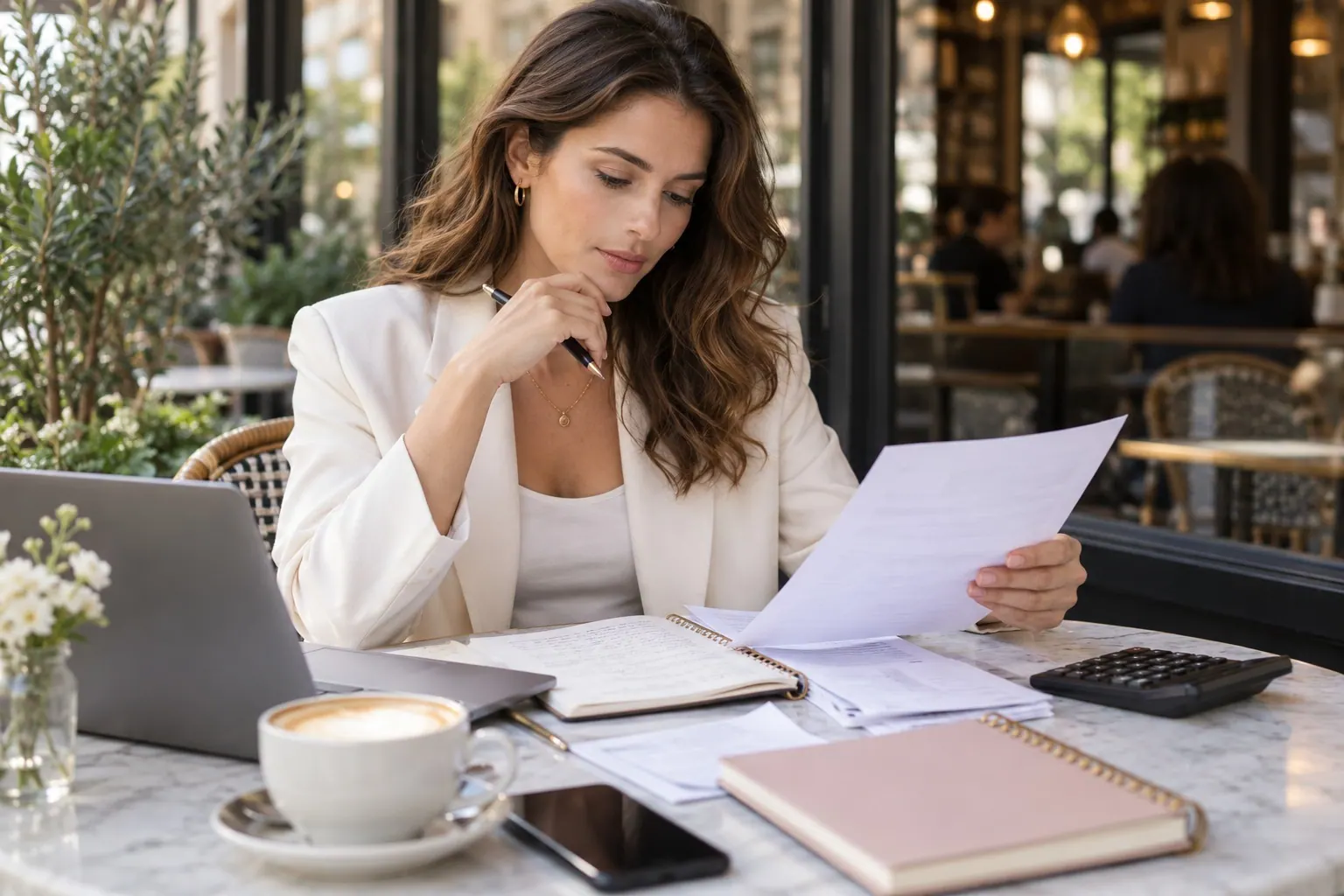 A beauty founder reviews invoices and notes at a café before choosing a business plan.