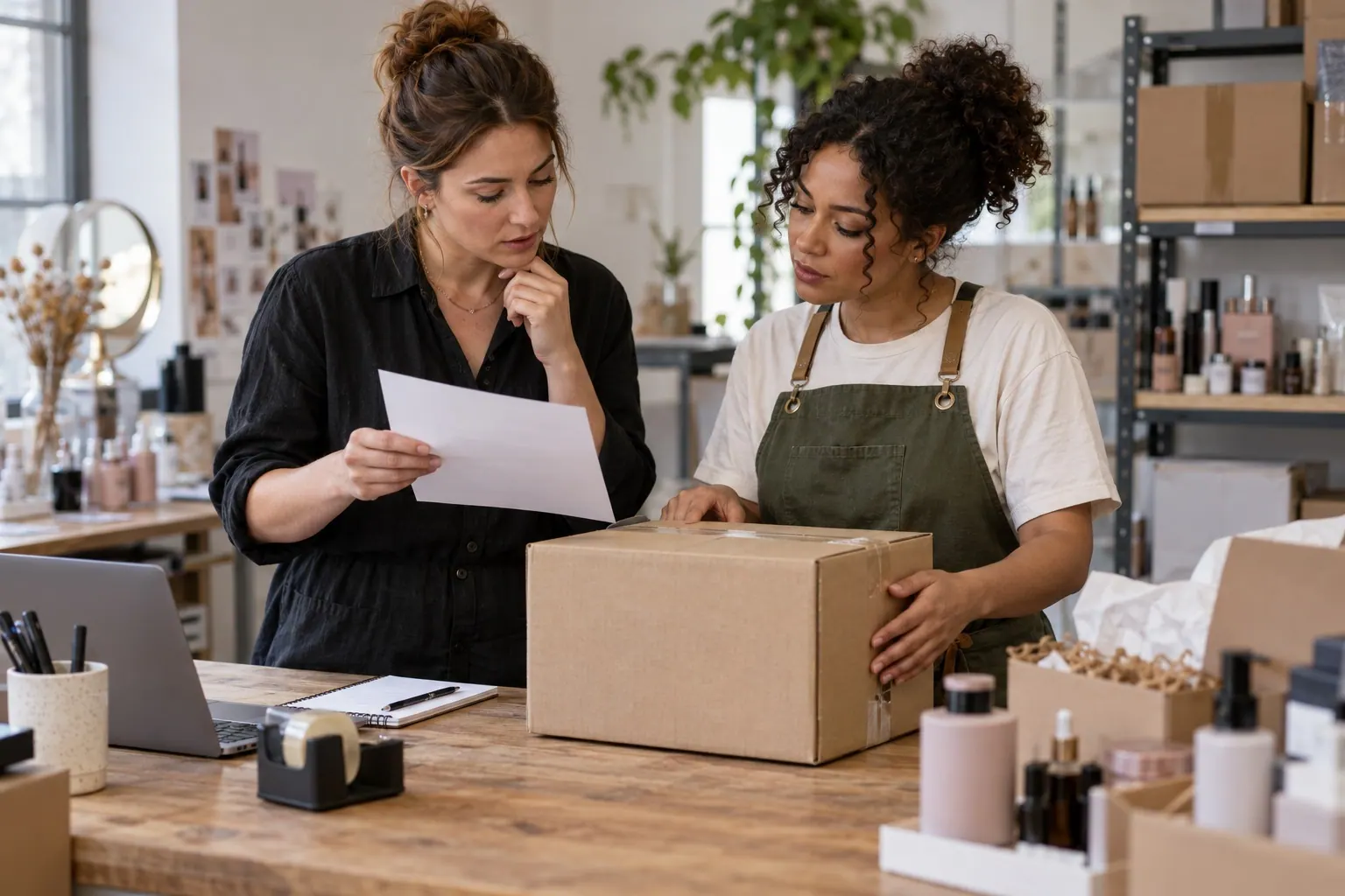 A founder and fulfillment partner discuss a returned parcel inside a working studio.