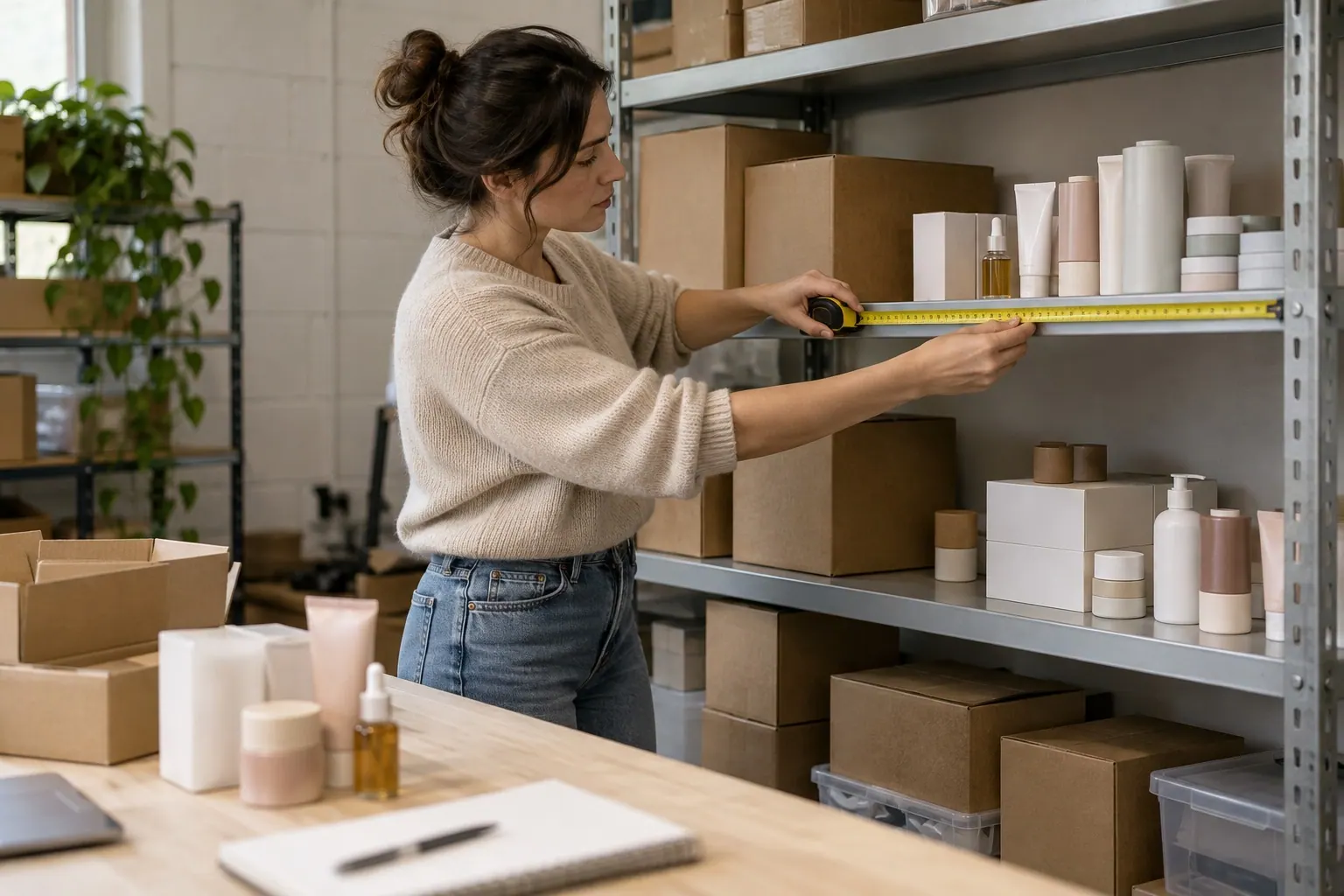 A founder measures available stockroom space beside a limited cosmetics assortment.