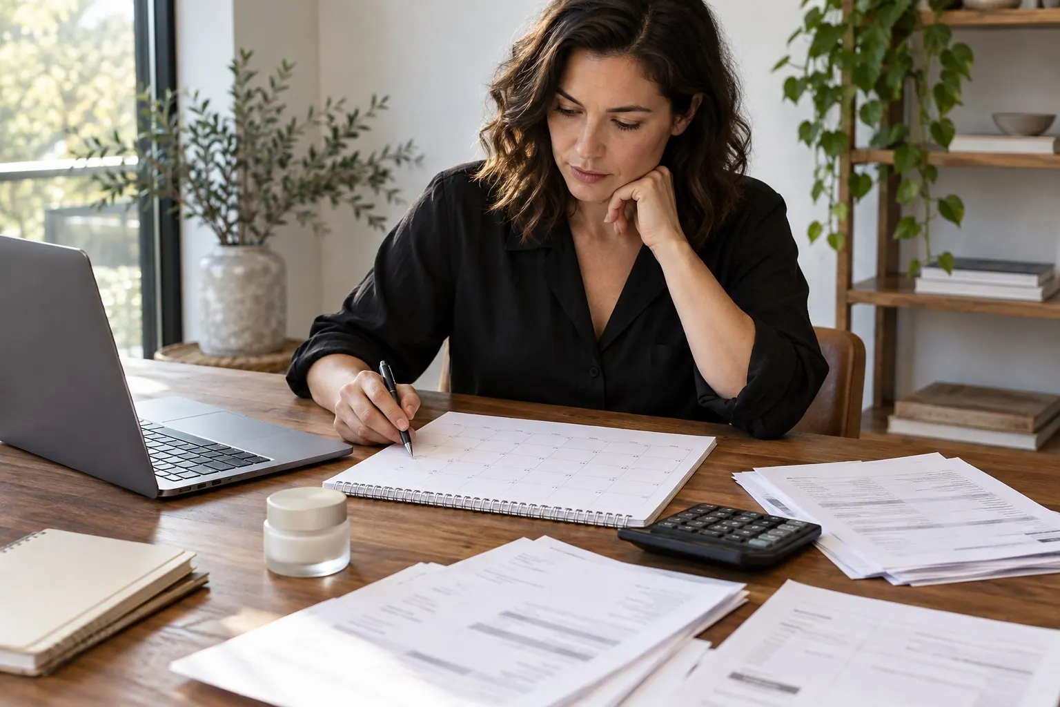 A founder reviews a calendar, calculator and invoices beside one cosmetic sample.