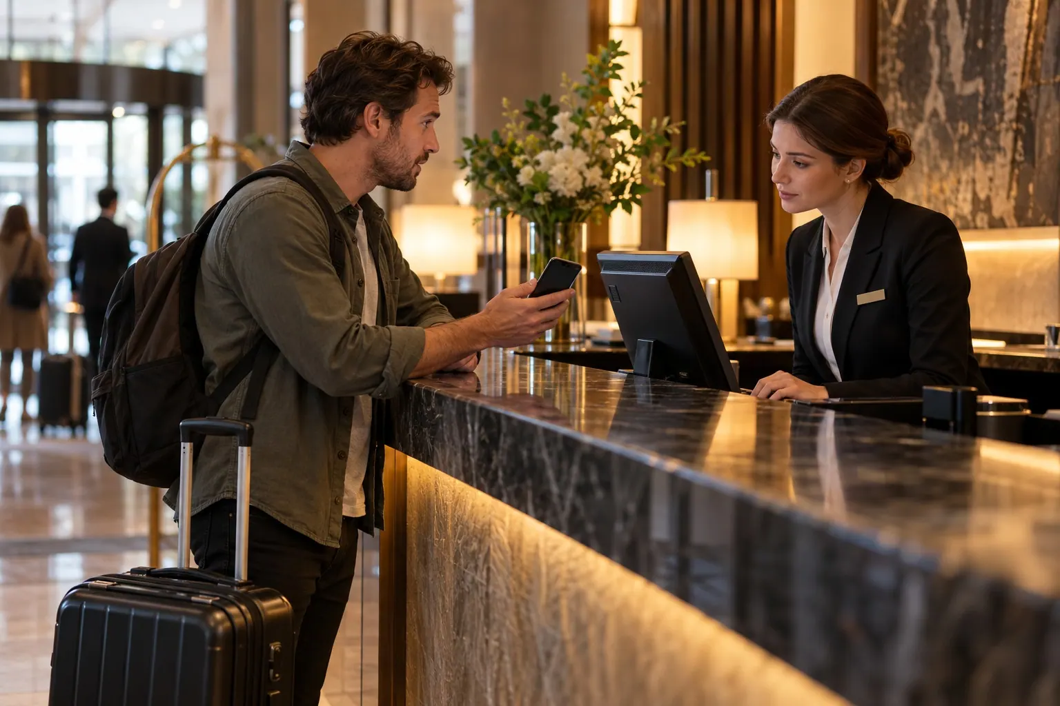 A traveler with luggage shows a reservation detail on a phone to a hotel receptionist who is checking the booking at the front desk.