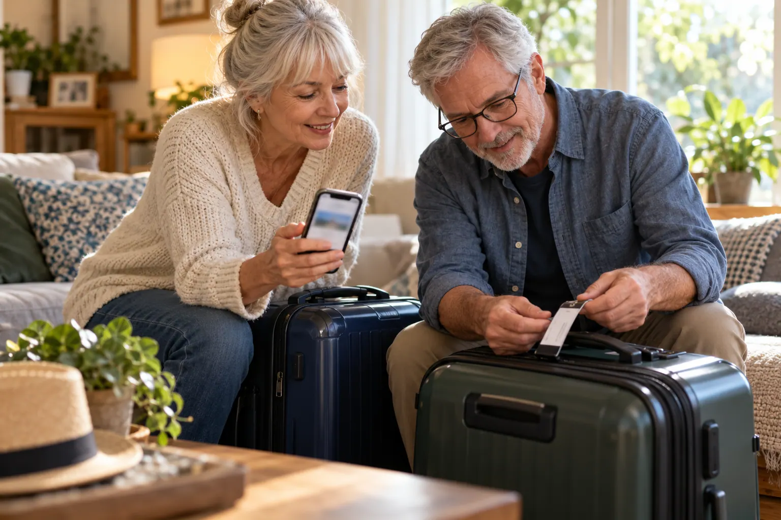 Two travelers check their reservation on a phone while preparing their luggage at home before departure.