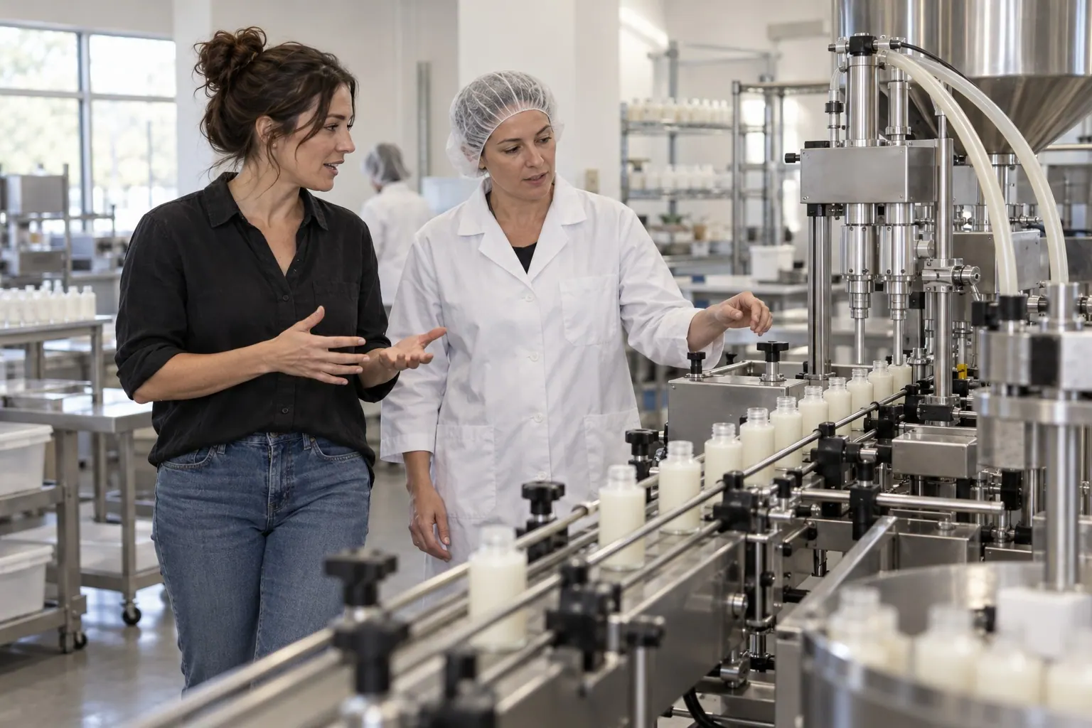 A beauty founder tours a small cosmetics production line with a manufacturing professional, observing how ready-made products are filled and packaged.