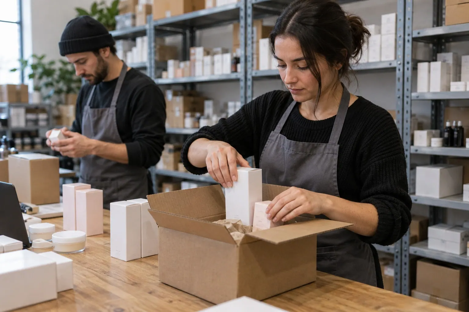 A small beauty brand team packs finished skincare products into shipping cartons while keeping a modest inventory on shelving.