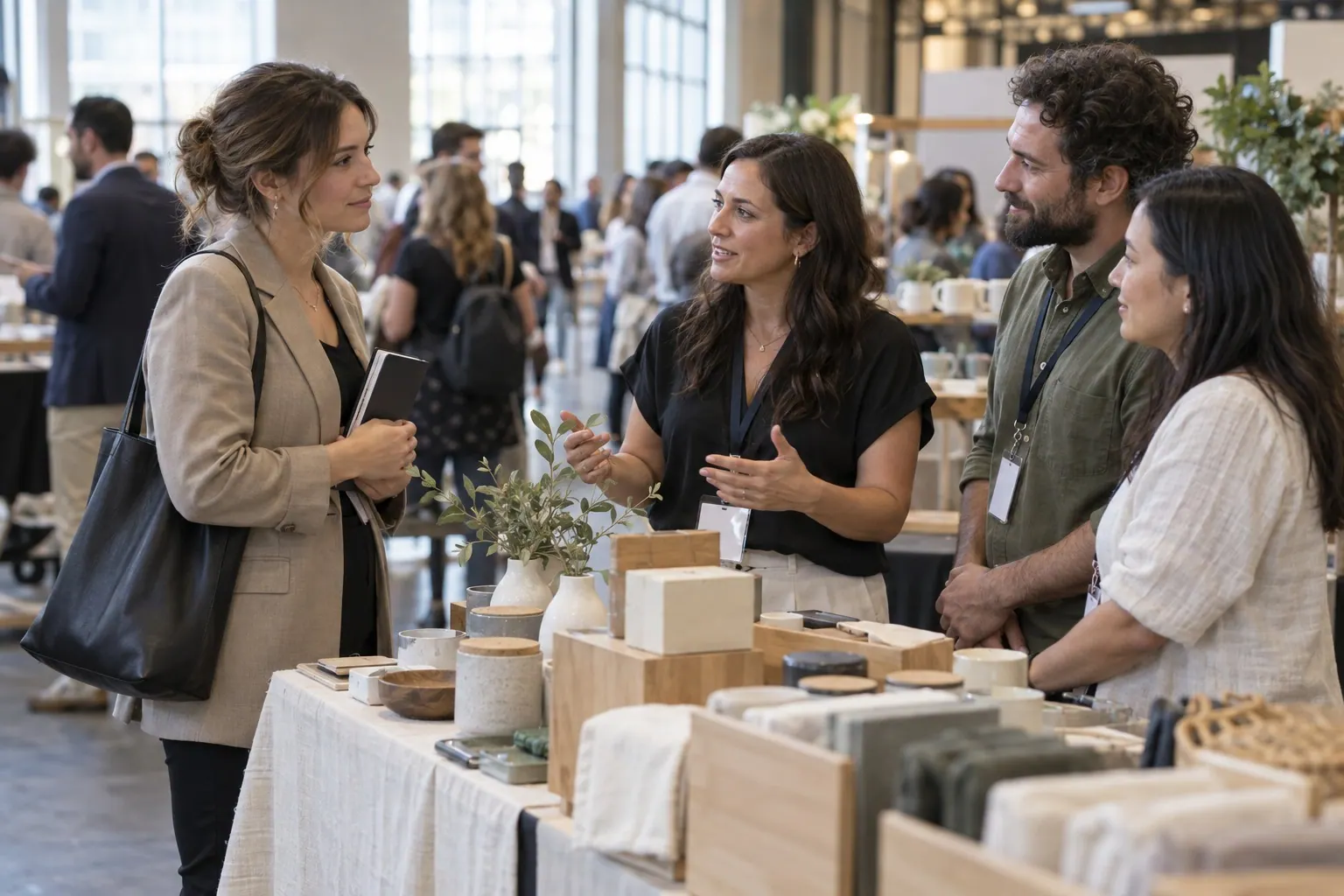 An affiliate operations specialist speaks with several vendors at an industry marketplace.