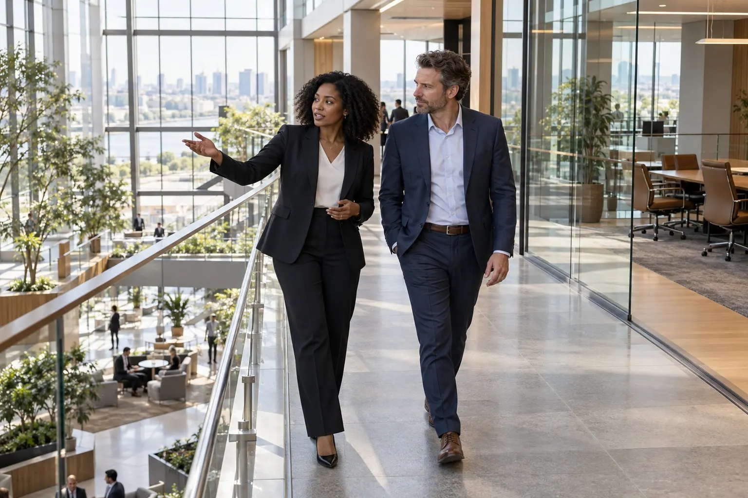 Two partner managers walk through an office atrium while discussing a B2B relationship.