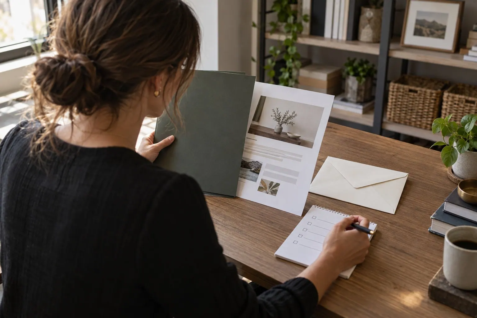 An agency owner checks an onboarding packet and a list of client-facing materials at a desk before a launch review.