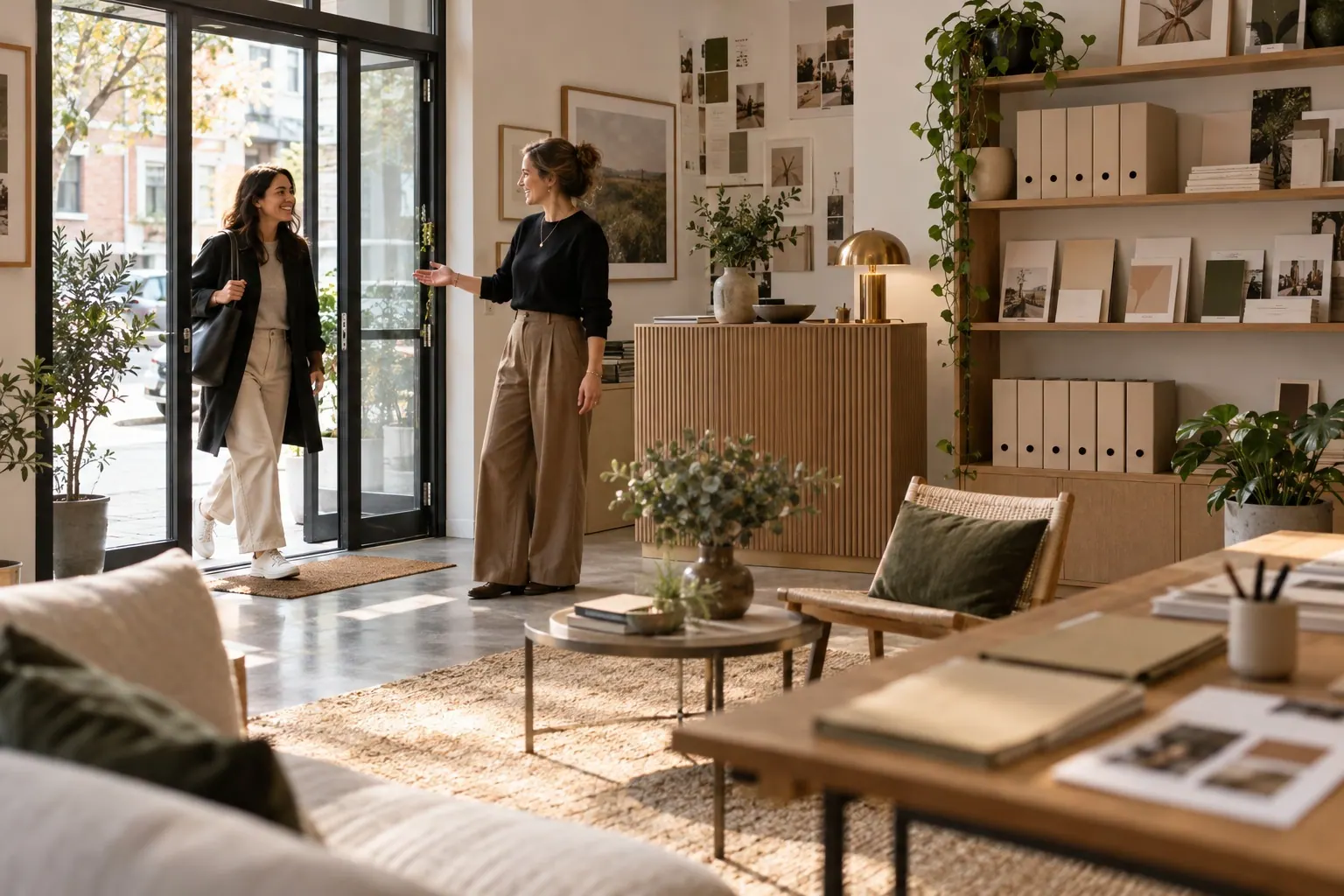 An agency owner greets a client at the entrance to a bright, carefully branded service studio.