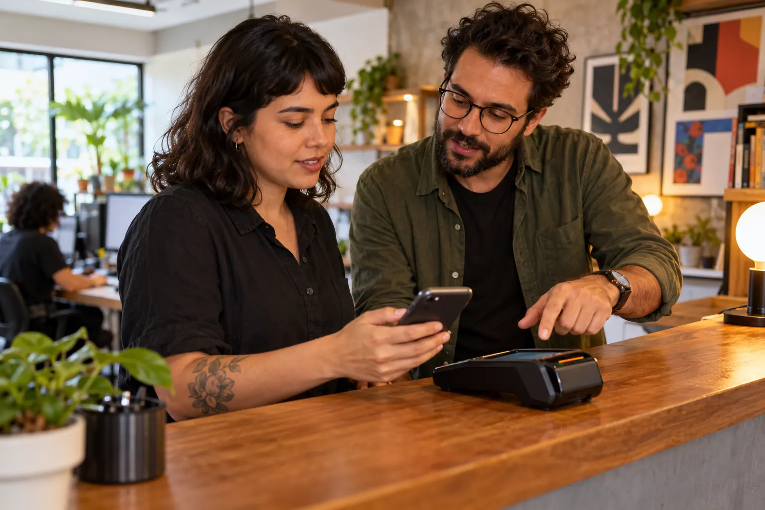 A consultant and small-business owner walk through a payment setup at a counter using a phone and terminal.