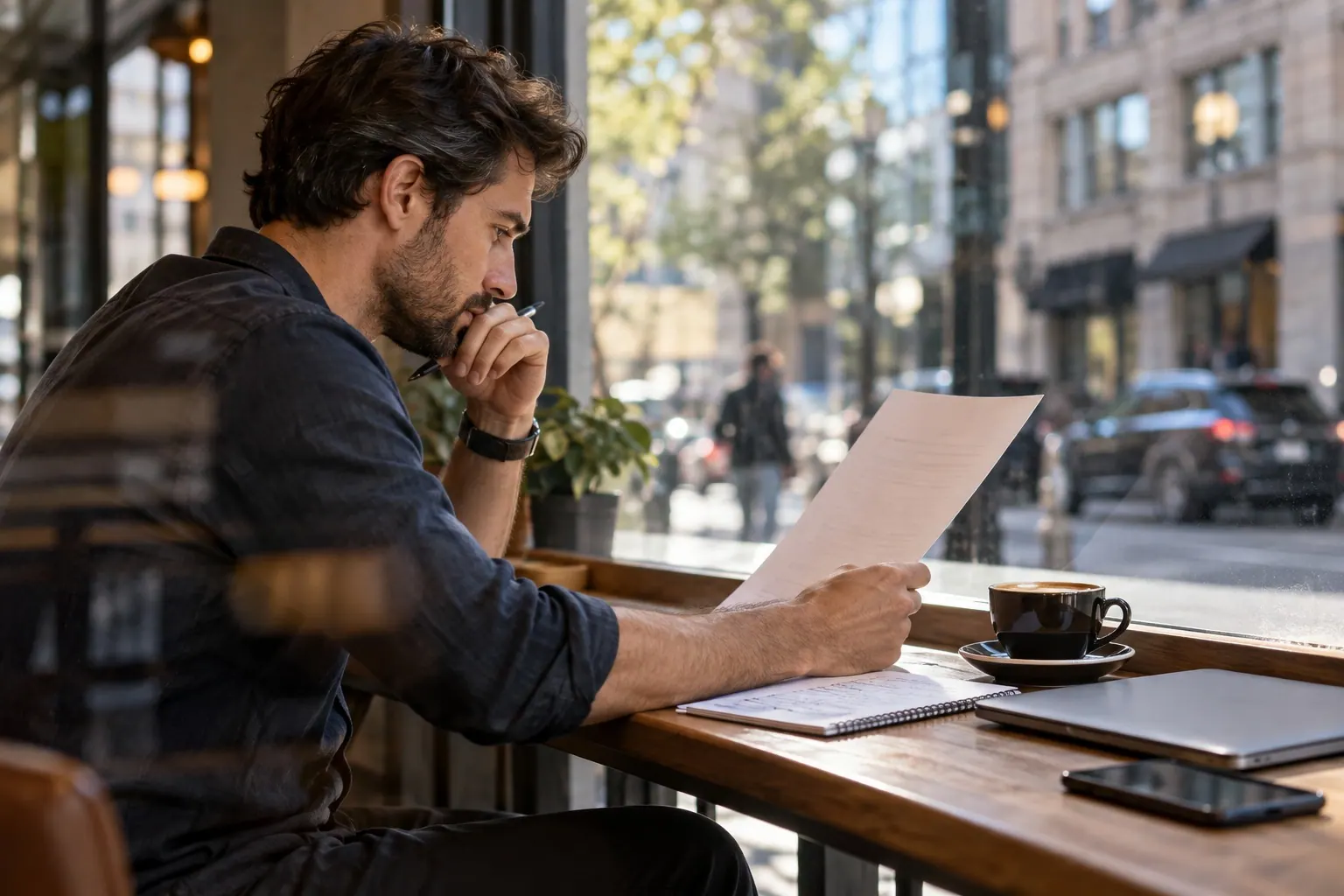 A small-agency founder reviews software costs and projected client revenue at a desk.
