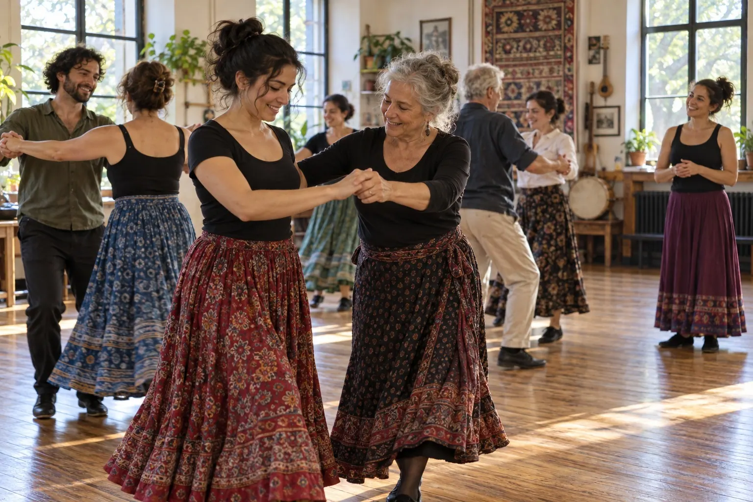 Adults practice partner dancing in a bright community hall as an instructor demonstrates a step.