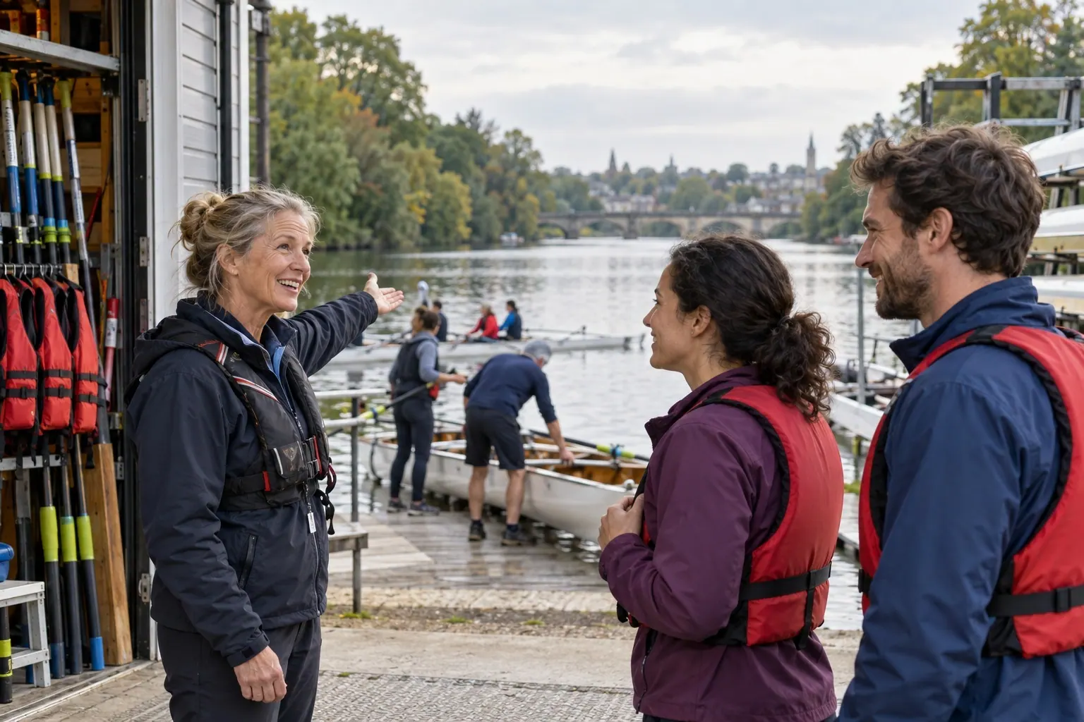 An outdoor guide speaks with two customers beside kayaks at a waterside rental stand.