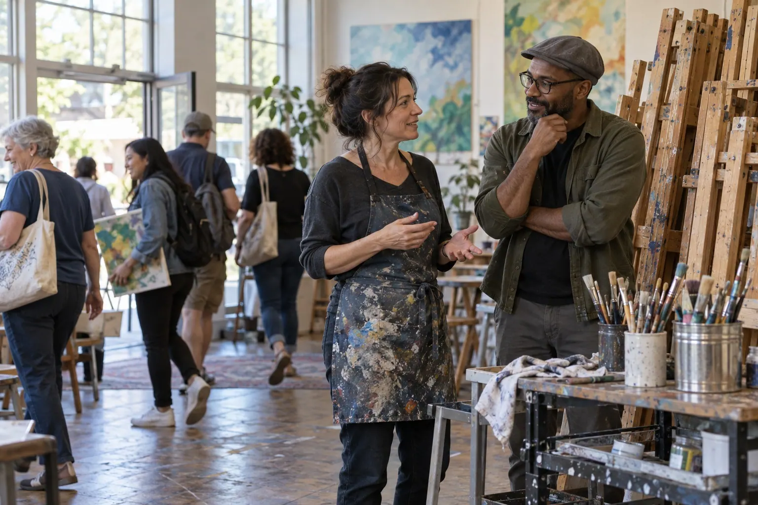 Two artists discuss their work in a bright studio while visitors browse the pieces.