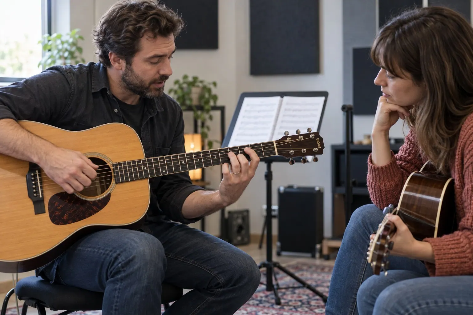 A music teacher demonstrates a guitar technique to an adult student in a working studio.