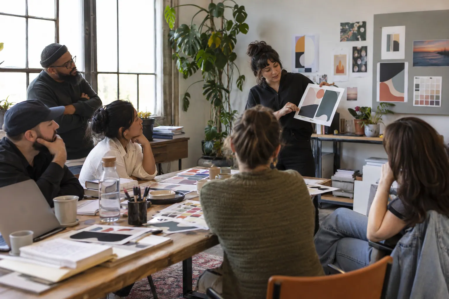 A freelance design instructor guides a small group through a practical member workshop.