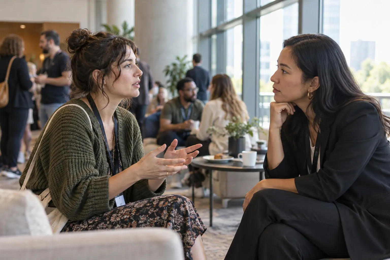 Two creators talk at a small community gathering, exploring whether their audiences and work could make a good partnership.