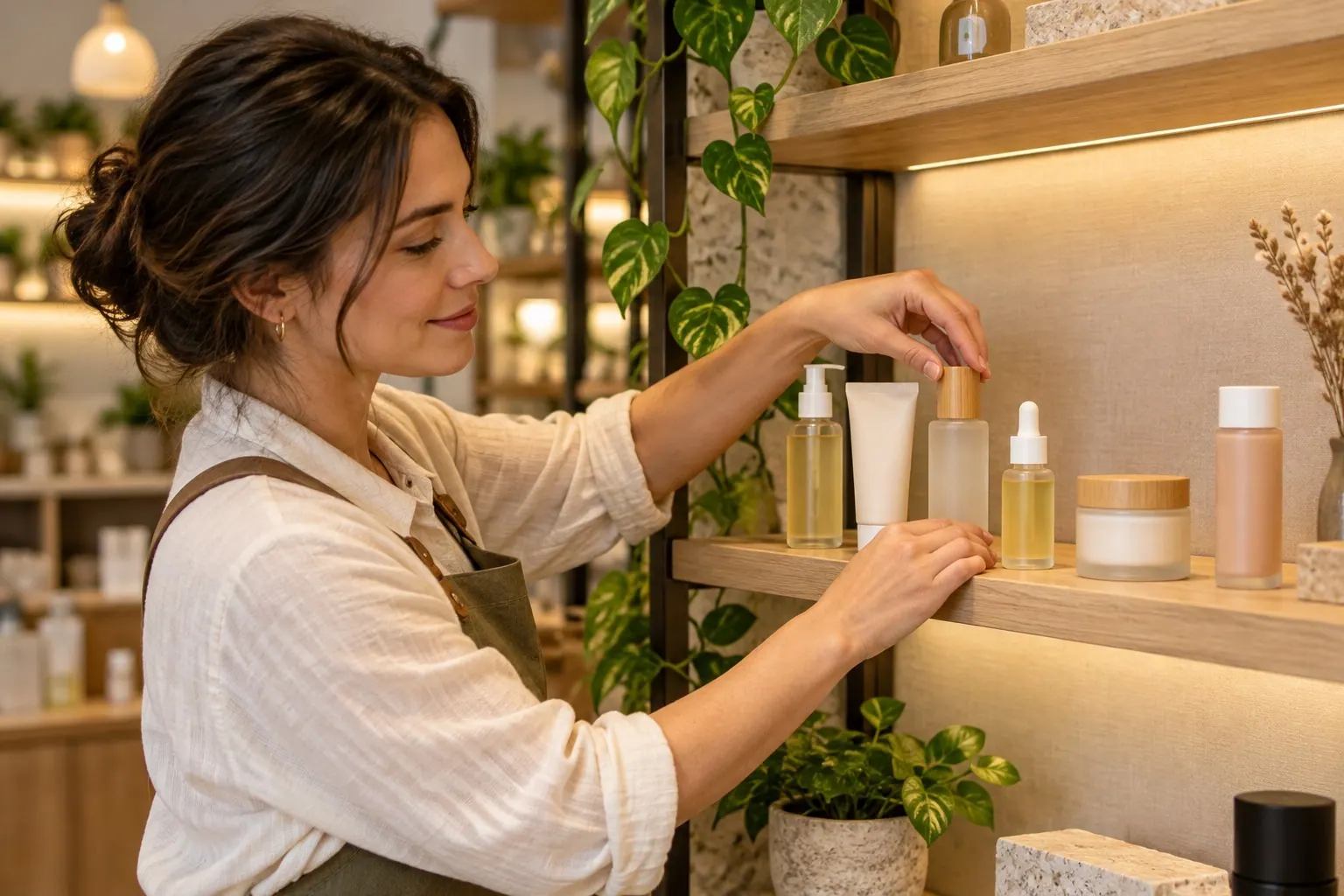 A founder arranges a small, coordinated selection of unbranded beauty products on a boutique shelf.