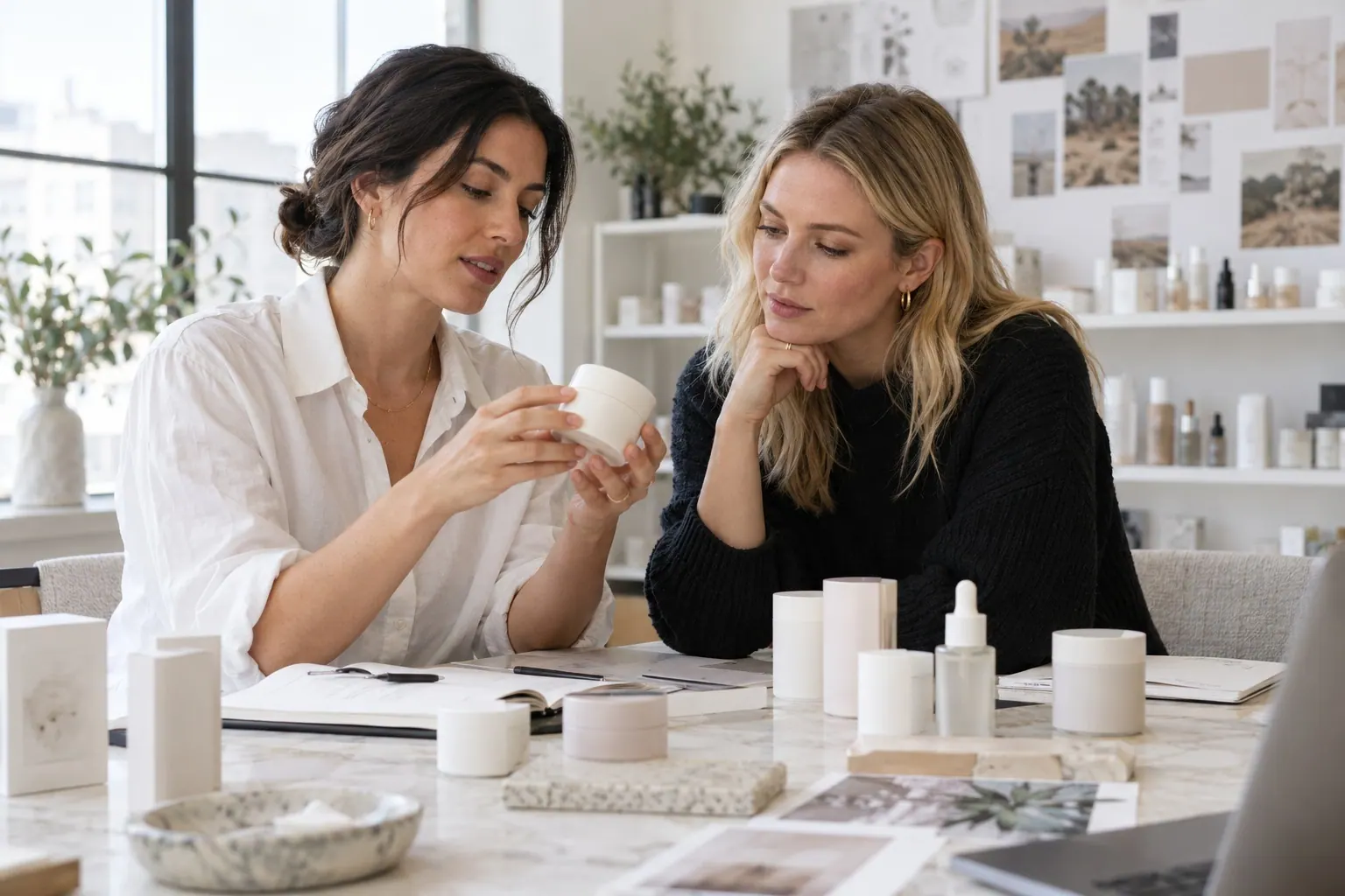 A founder and retail buyer examine a beauty product sample together in natural daylight.