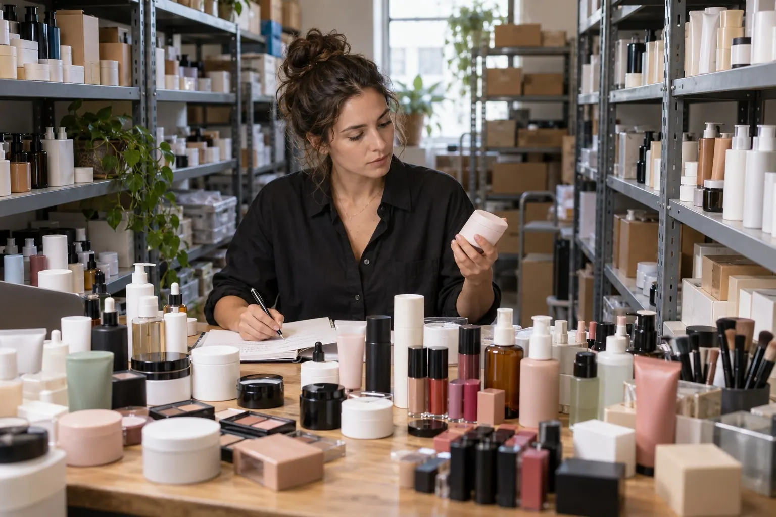 A founder reviews an assortment of unbranded beauty products on shelves in a compact studio.