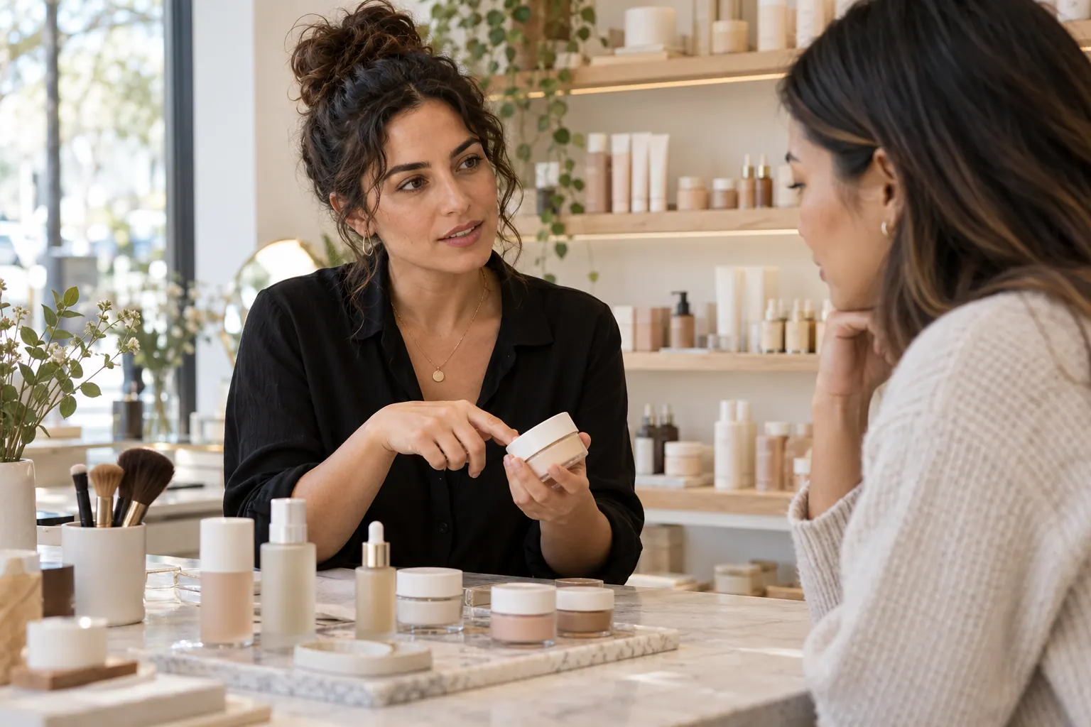 Three beauty founders compare tested samples and place selected products into a small shortlist.