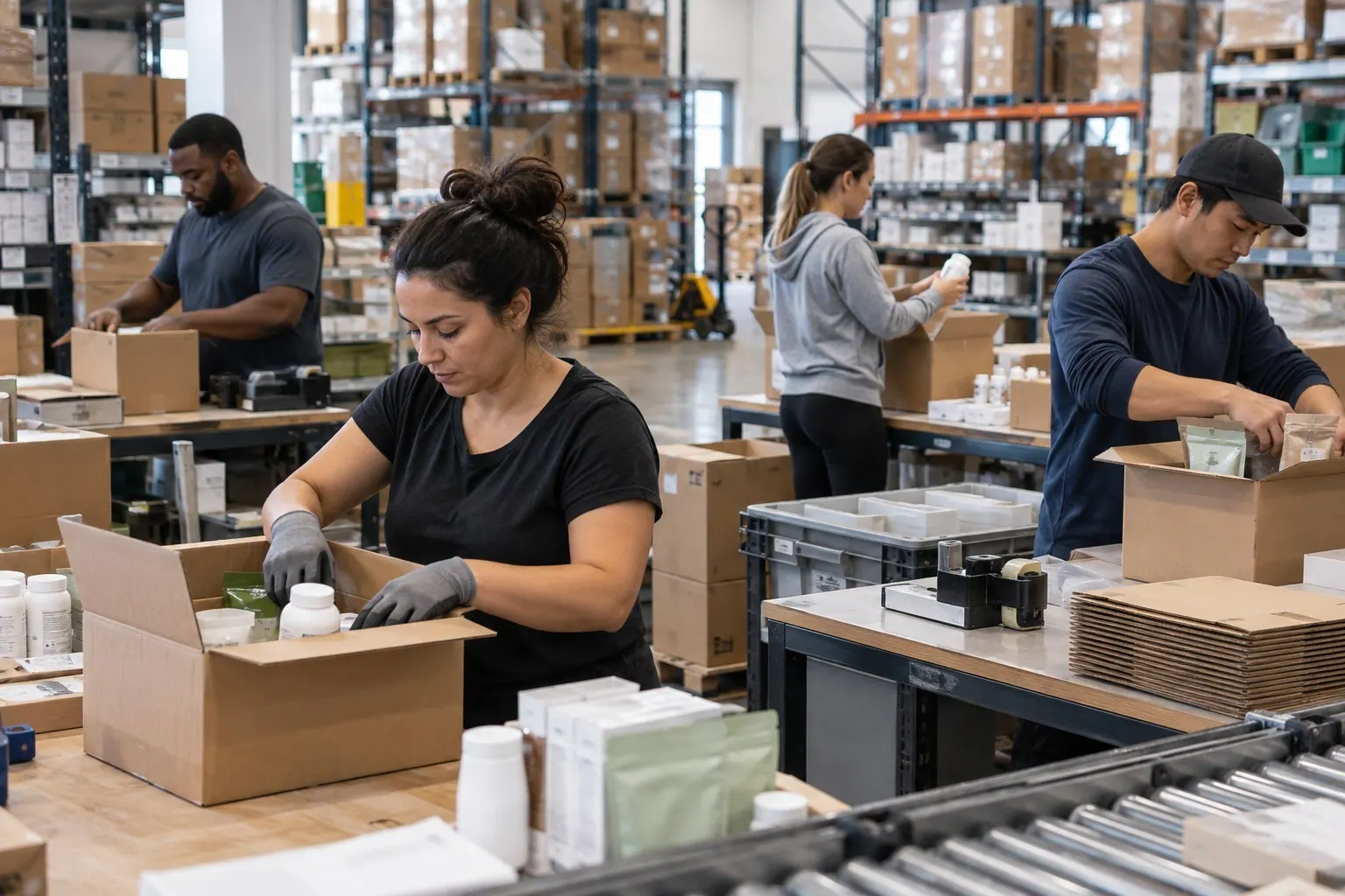 Fulfillment workers pack repeat wellness orders into plain cartons at a compact distribution center.