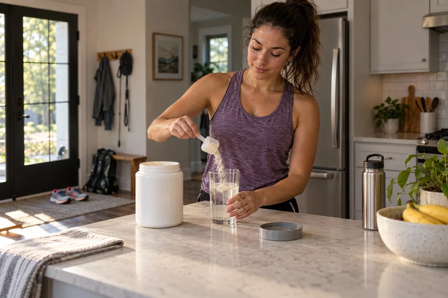 A recreational runner mixes a plain nutrition powder into a drink at home after an early workout.