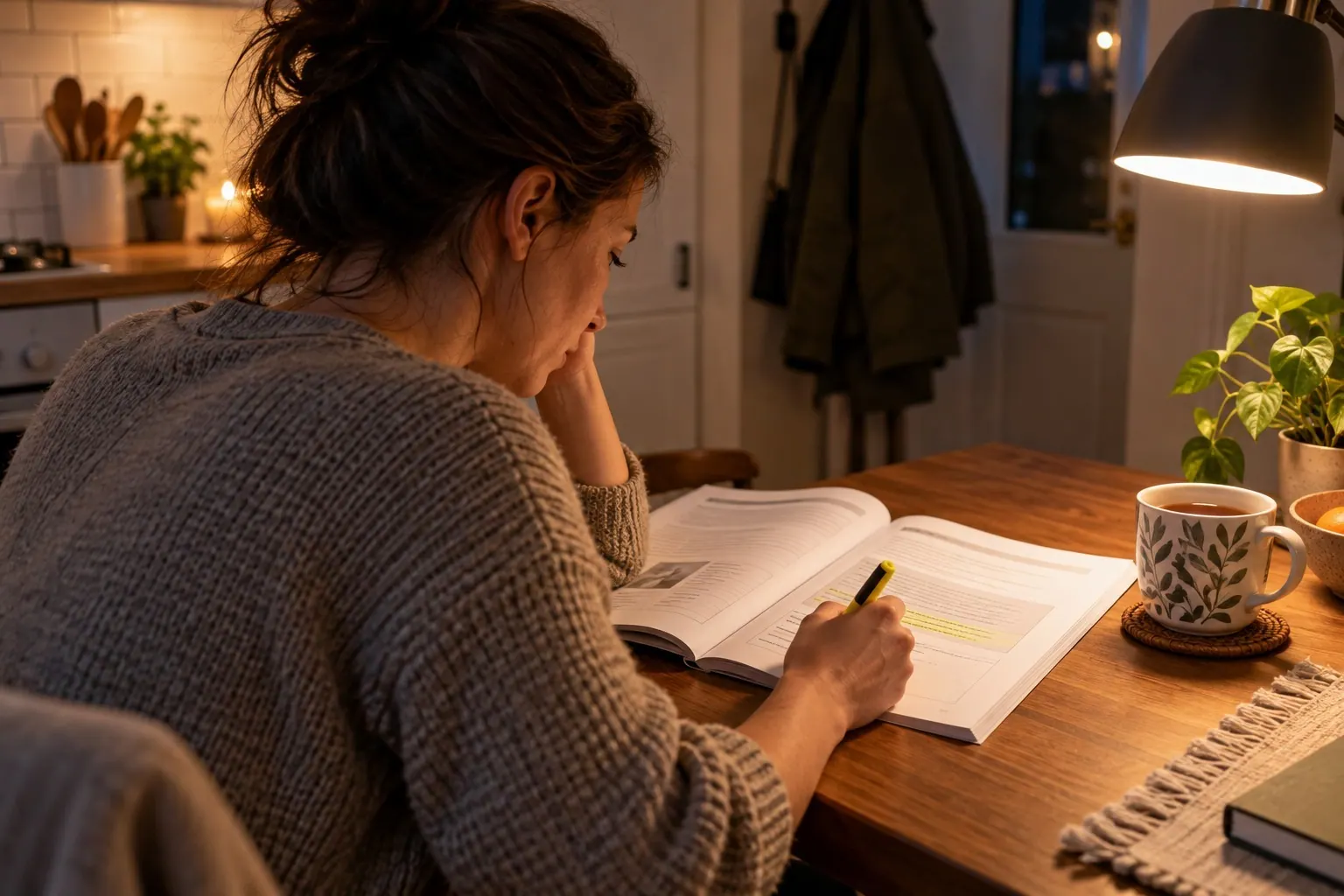 An adult learner studies a course workbook at home in the evening after work.